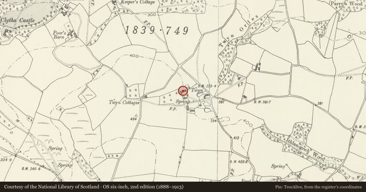 Ordnance Survey six-inch map, 2nd edition (1888–1913) covering the location of Barn and attached cartshed at Twyn Farm, Llanarth, Monmouthshire, with a pin at the register's coordinates
