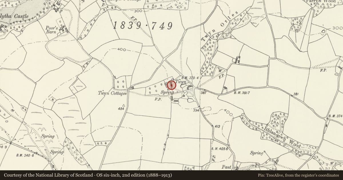 Ordnance Survey six-inch map, 2nd edition (1888–1913) covering the location of Outbuilding at Twyn Farm, Llanarth, Monmouthshire, with a pin at the register's coordinates
