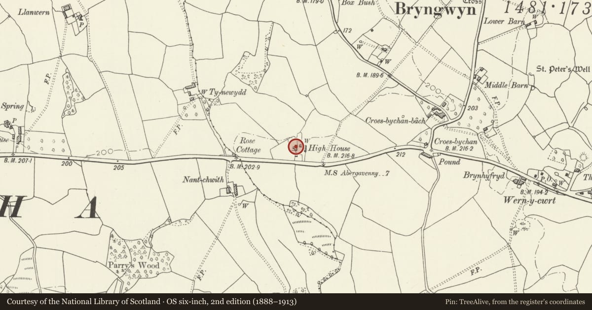 Ordnance Survey six-inch map, 2nd edition (1888–1913) covering the location of High House, Llanarth, Monmouthshire, with a pin at the register's coordinates