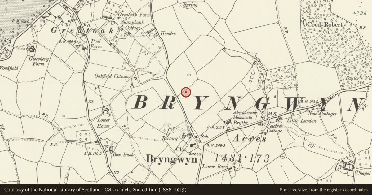 Ordnance Survey six-inch map, 2nd edition (1888–1913) covering the location of Plas Hendy, Llanarth, Monmouthshire, with a pin at the register's coordinates