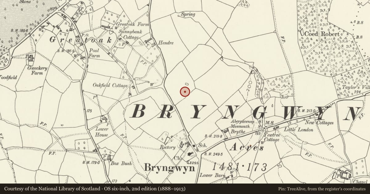 Ordnance Survey six-inch map, 2nd edition (1888–1913) covering the location of Stable block at Plas Hendy, Llanarth, Monmouthshire, with a pin at the register's coordinates