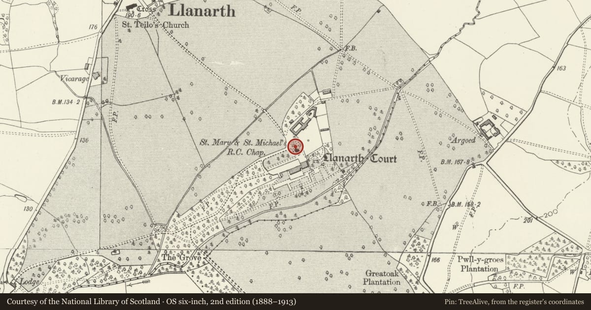 Ordnance Survey six-inch map, 2nd edition (1888–1913) covering the location of Cross outside RC Church, Llanarth Court, Monmouthshire, with a pin at the register's coordinates