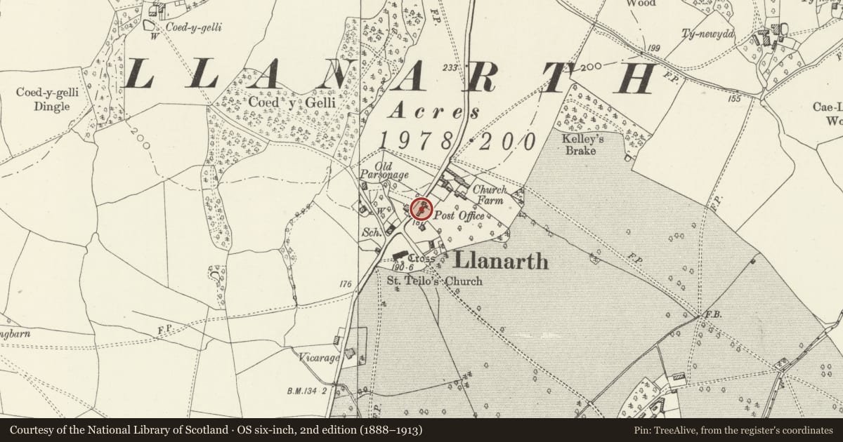 Ordnance Survey six-inch map, 2nd edition (1888–1913) covering the location of Former Post Office, Llanarth, Monmouthshire, with a pin at the register's coordinates