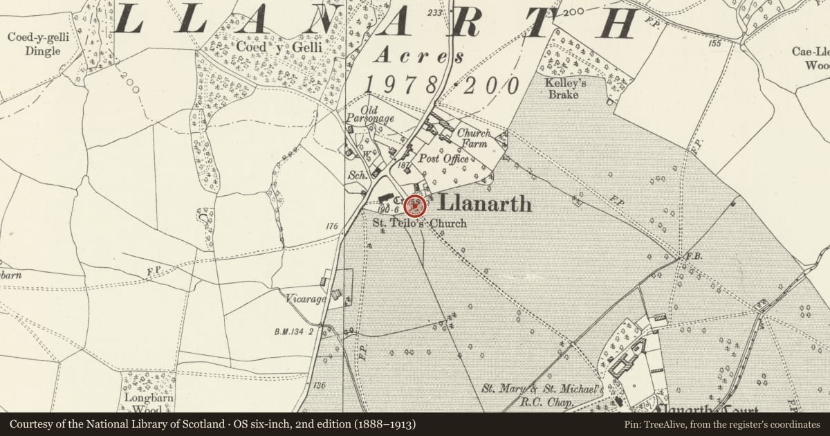 Ordnance Survey six-inch map, 2nd edition (1888–1913) covering the location of Gates and Piers to former N drive to Llanarth Court, Monmouthshire, with a pin at the register's coordinates