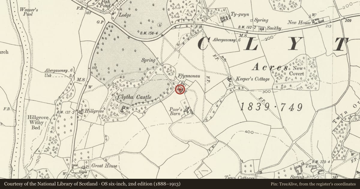 Ordnance Survey six-inch map, 2nd edition (1888–1913) covering the location of Ffynnonau Farmhouse, Llanarth, Monmouthshire, with a pin at the register's coordinates