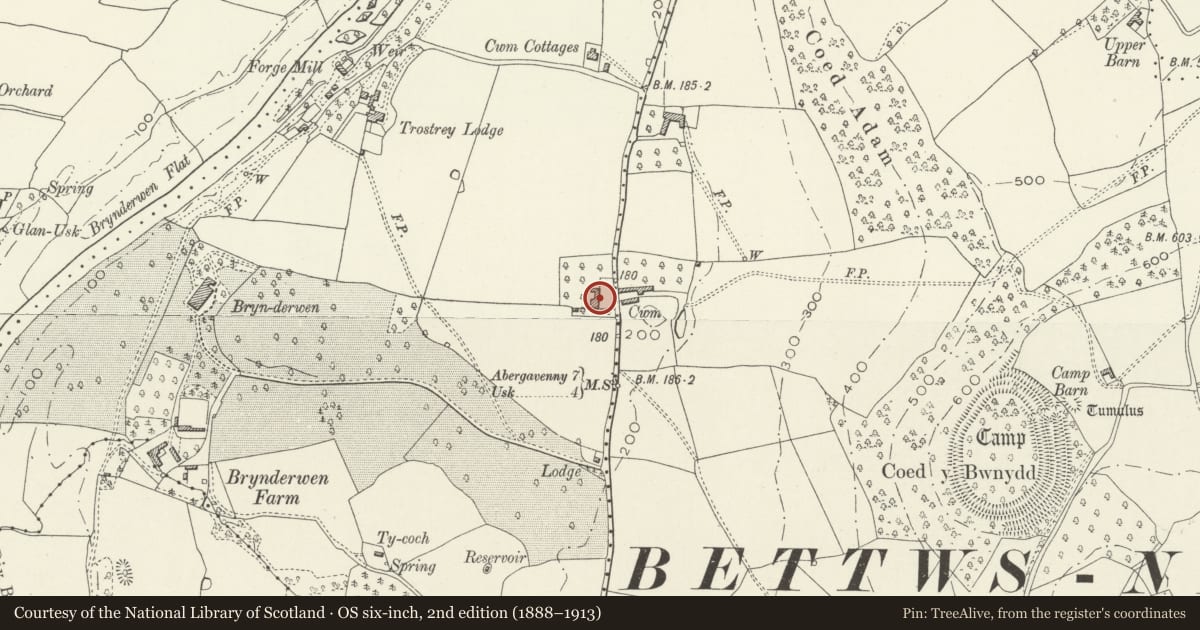 Ordnance Survey six-inch map, 2nd edition (1888–1913) covering the location of Cwm Farmhouse and attached outbuilding, Llanarth, Monmouthshire, with a pin at the register's coordinates