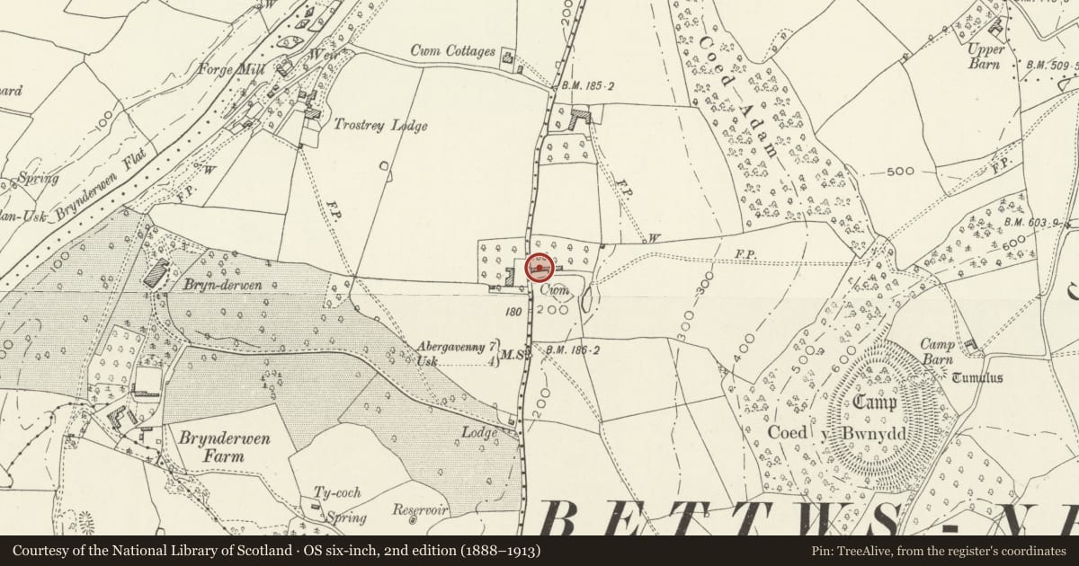 Ordnance Survey six-inch map, 2nd edition (1888–1913) covering the location of Barn range at Cwm Farm, Llanarth, Monmouthshire, with a pin at the register's coordinates