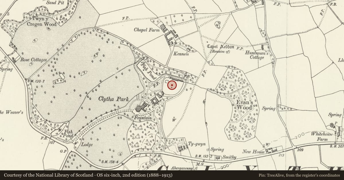 Ordnance Survey six-inch map, 2nd edition (1888–1913) covering the location of Walled garden at Clytha Park, Llanarth, Monmouthshire, with a pin at the register's coordinates
