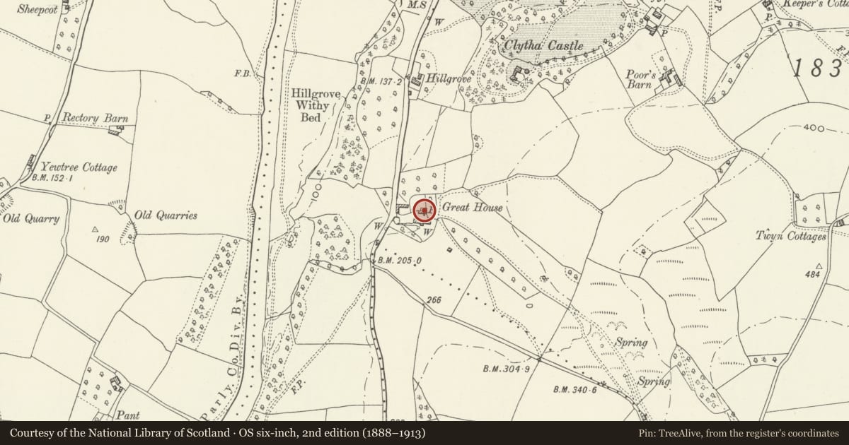 Ordnance Survey six-inch map, 2nd edition (1888–1913) covering the location of Great House, Llanarth, Monmouthshire, with a pin at the register's coordinates