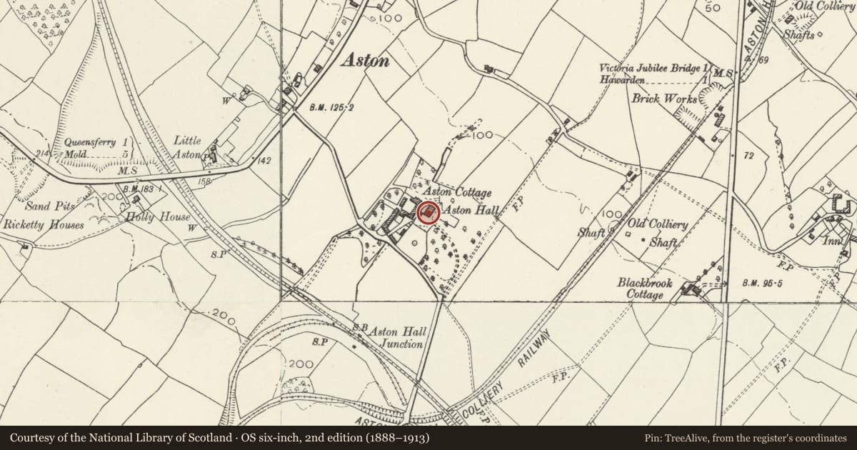 Ordnance Survey six-inch map, 2nd edition (1888–1913) covering the location of Aston Hall, Hawarden, Flintshire, with a pin at the register's coordinates