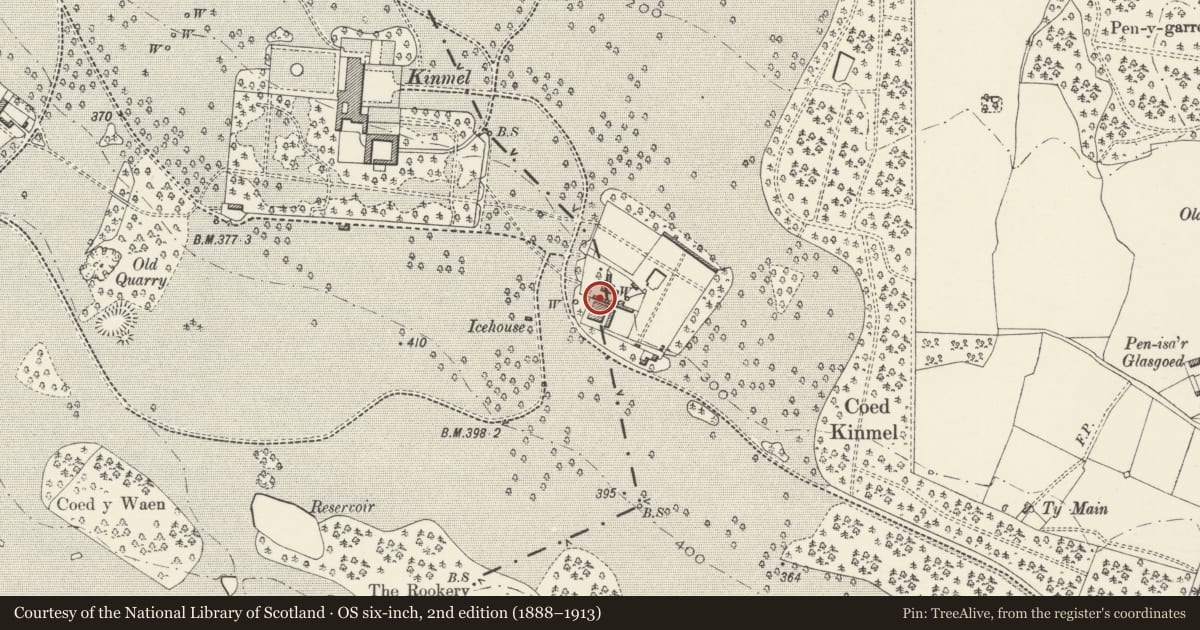 Ordnance Survey six-inch map, 2nd edition (1888–1913) covering the location of Ruins of Old Kinmel, in the grounds of Kinmel Park, Abergele, Conwy, with a pin at the register's coordinates