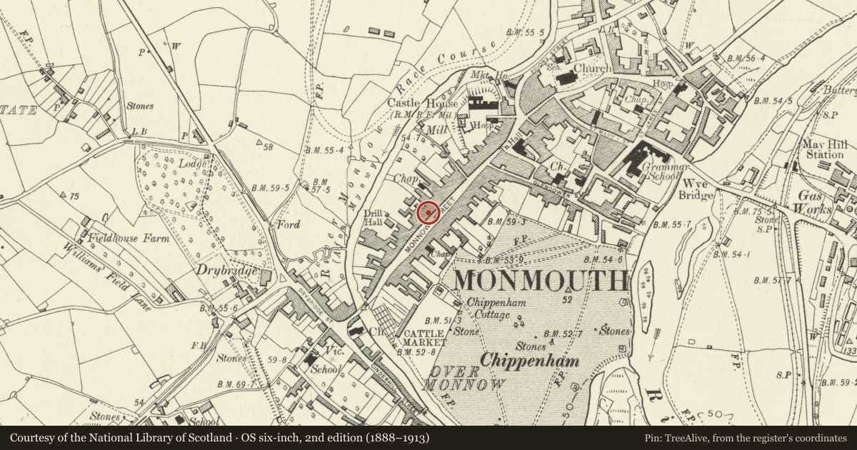 Ordnance Survey six-inch map, 2nd edition (1888–1913) covering the location of 65 Monnow Street, Monmouth, Monmouthshire, with a pin at the register's coordinates