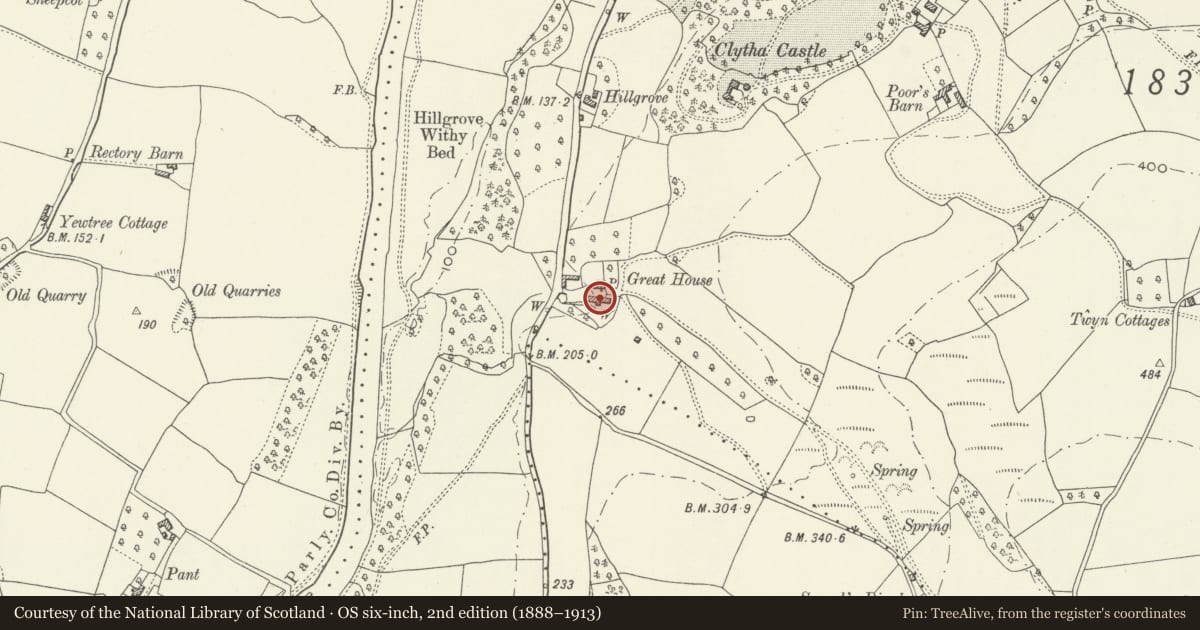 Ordnance Survey six-inch map, 2nd edition (1888–1913) covering the location of Barn range at Great House, Clytha, Llanarth, Monmouthshire, with a pin at the register's coordinates
