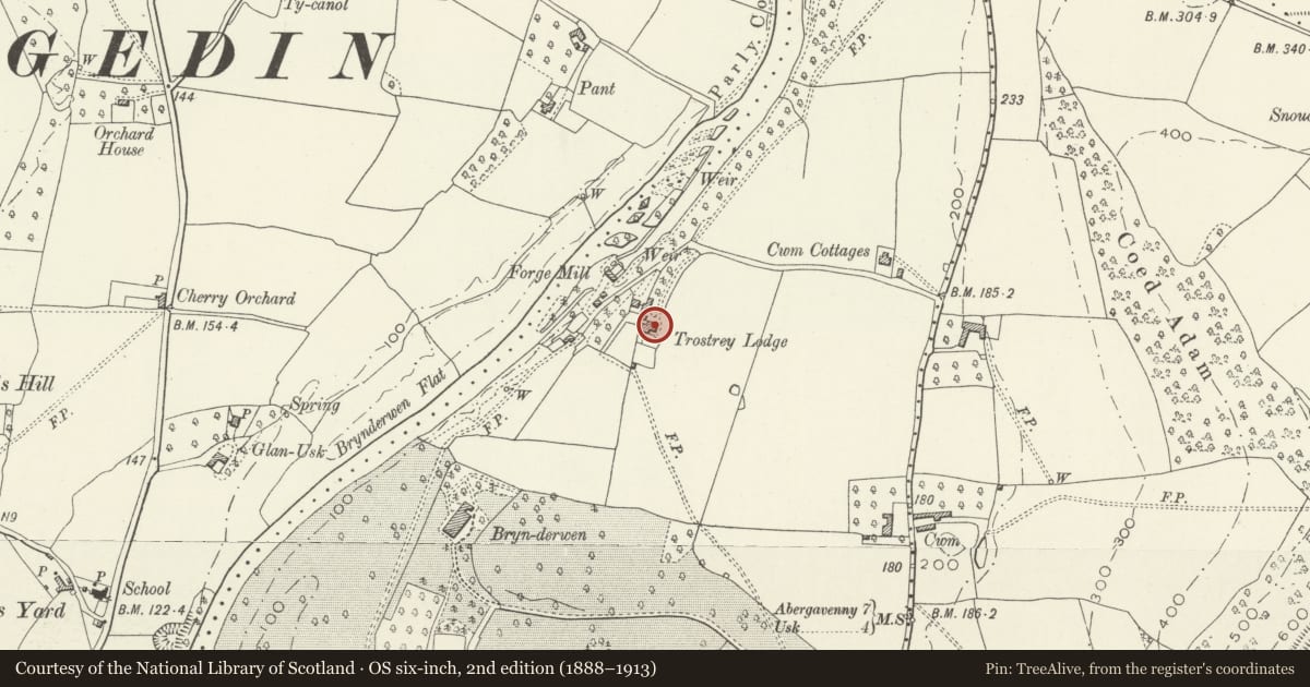 Ordnance Survey six-inch map, 2nd edition (1888–1913) covering the location of Trostrey Lodge, Llanarth, Monmouthshire, with a pin at the register's coordinates