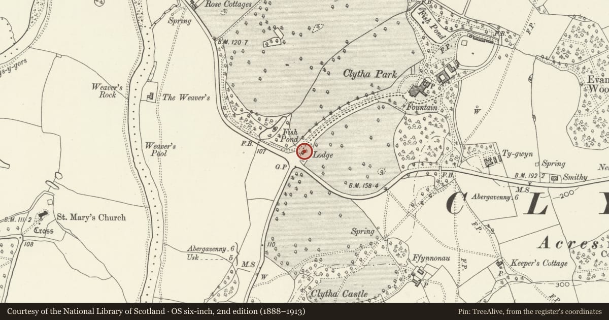 Ordnance Survey six-inch map, 2nd edition (1888–1913) covering the location of The Lodge, Clytha Park, Llanarth, Monmouthshire, with a pin at the register's coordinates