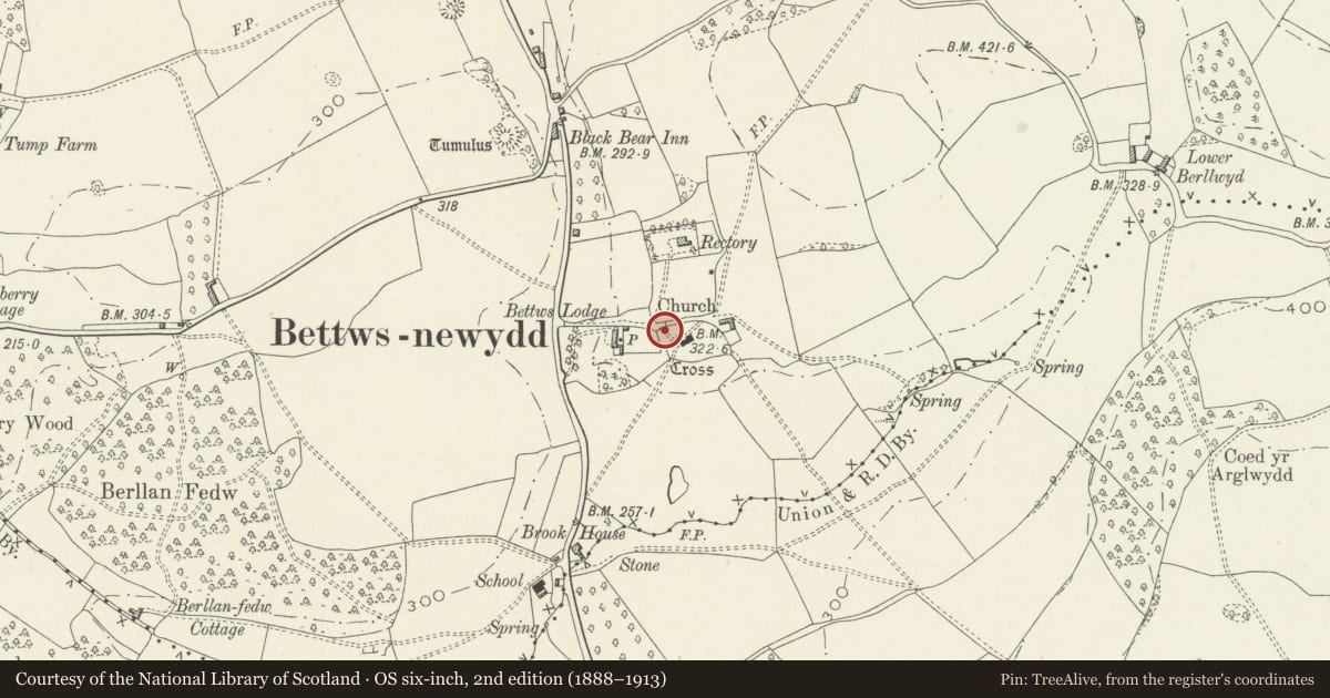 Ordnance Survey six-inch map, 2nd edition (1888–1913) covering the location of Mounting block at entry to Bettws Newydd churchyard, Llanarth, Monmouthshire, with a pin at the register's coordinates