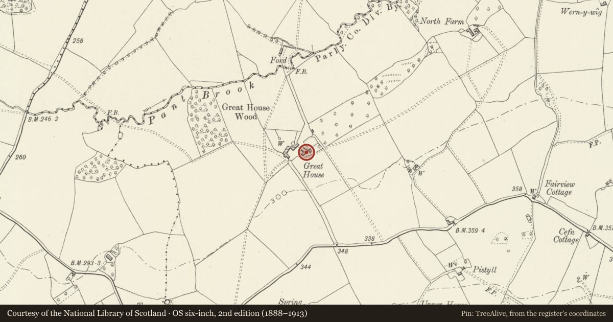 Ordnance Survey six-inch map, 2nd edition (1888–1913) covering the location of The Great House, Llanarth, Monmouthshire, with a pin at the register's coordinates