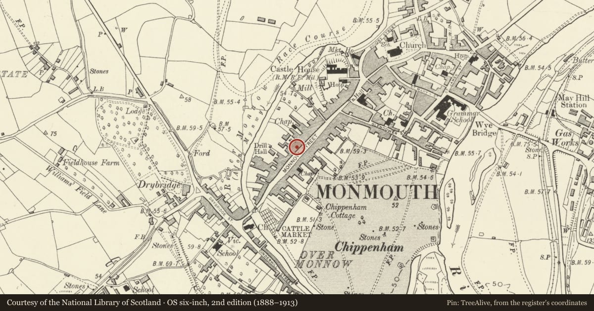 Ordnance Survey six-inch map, 2nd edition (1888–1913) covering the location of 67 Monnow Street, Monmouth, Monmouthshire, with a pin at the register's coordinates
