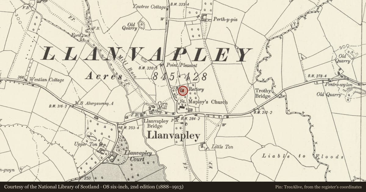 Ordnance Survey six-inch map, 2nd edition (1888–1913) covering the location of The Old Rectory, Gobion Fawr, Monmouthshire, with a pin at the register's coordinates