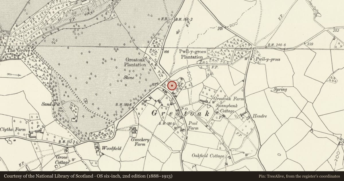 Ordnance Survey six-inch map, 2nd edition (1888–1913) covering the location of Pentre Derwen, Llanarth, Monmouthshire, with a pin at the register's coordinates