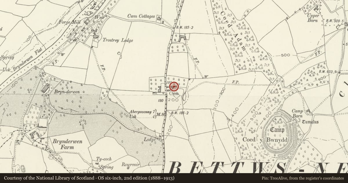 Ordnance Survey six-inch map, 2nd edition (1888–1913) covering the location of Outbuilding at E end of farmyard at Cwm Farm, Llanarth, Monmouthshire, with a pin at the register's coordinates
