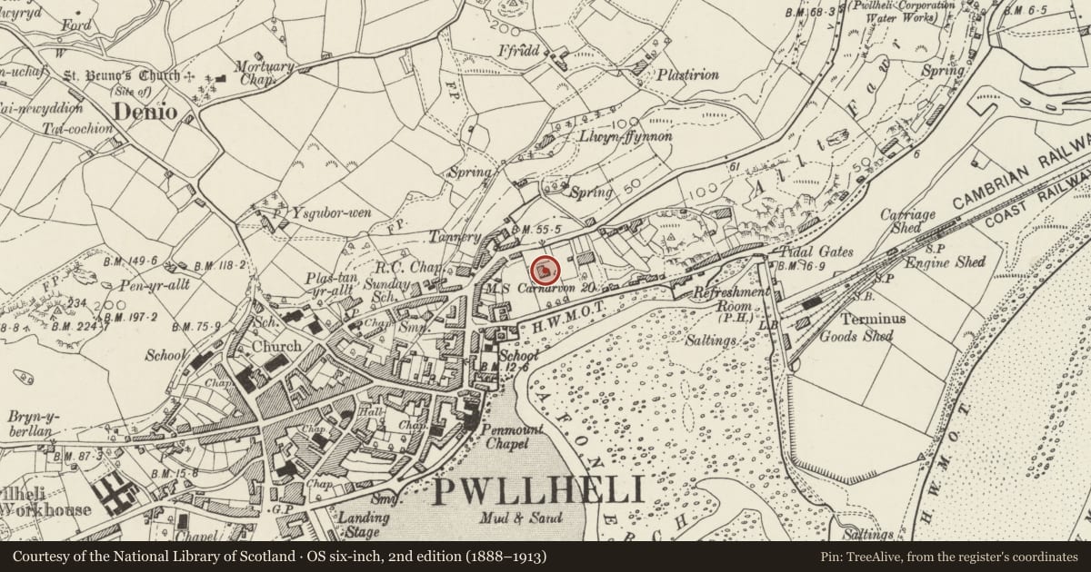 Ordnance Survey six-inch map, 2nd edition (1888–1913) covering the location of Brynhyfryd, Pwllheli, Gwynedd, with a pin at the register's coordinates