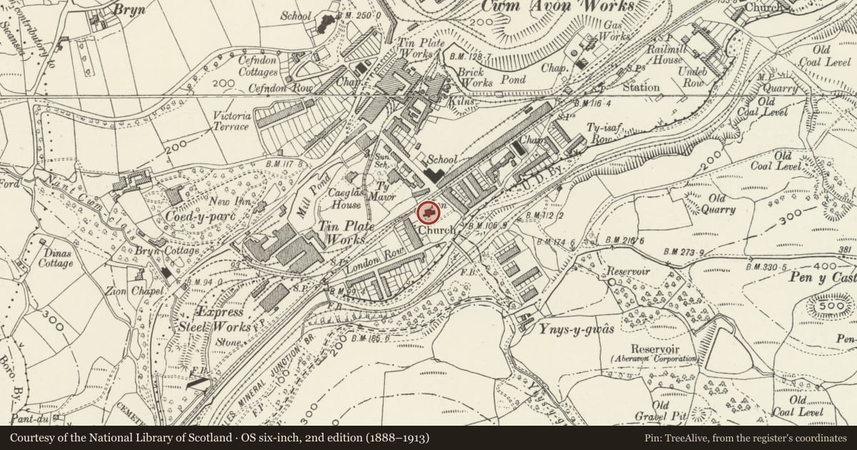 Ordnance Survey six-inch map, 2nd edition (1888–1913) covering the location of Church of St Michael, Cwmavon, Neath Port Talbot, with a pin at the register's coordinates