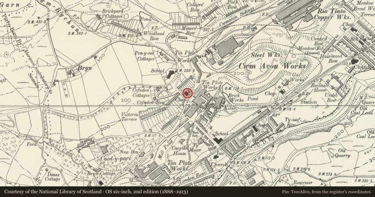 Ordnance Survey six-inch map, 2nd edition (1888–1913) covering the location of Tabernacle Chapel, Cwmavon, Neath Port Talbot, with a pin at the register's coordinates