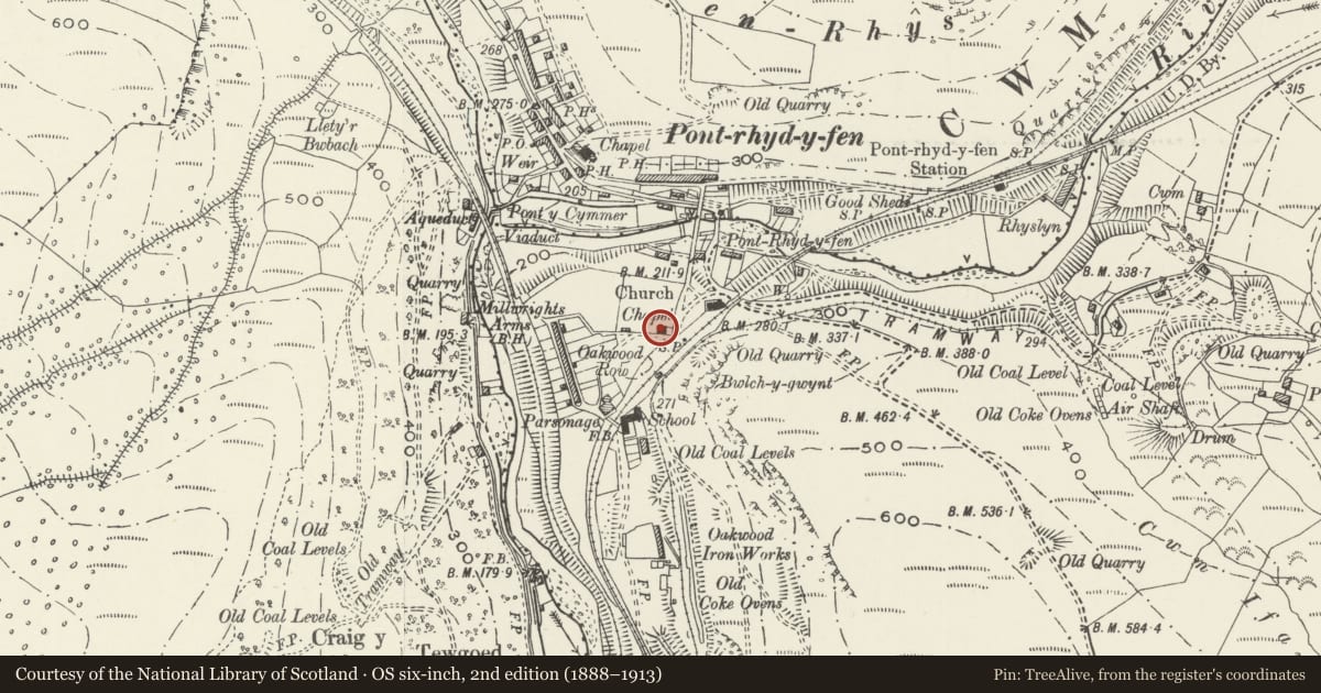 Ordnance Survey six-inch map, 2nd edition (1888–1913) covering the location of Bethel Chapel, Cwmavon, Neath Port Talbot, with a pin at the register's coordinates