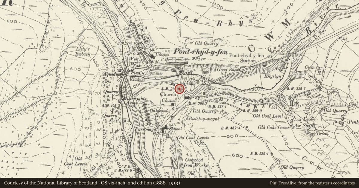 Ordnance Survey six-inch map, 2nd edition (1888–1913) covering the location of Bont Fawr Aqueduct (partly in Pelenna Community), Cwmavon, Neath Port Talbot, with a pin at the register's coordinates