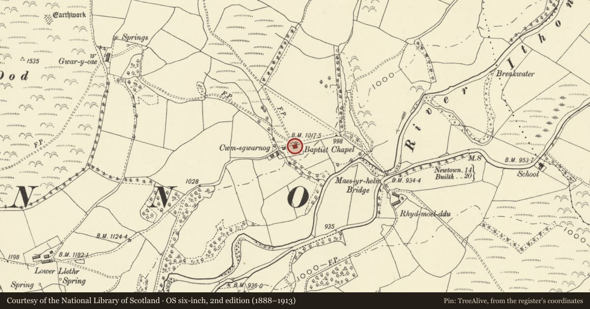 Ordnance Survey six-inch map, 2nd edition (1888–1913) covering the location of Maesyrhelm Baptist Chapel, Llanbadarn Fynydd, Powys, with a pin at the register's coordinates