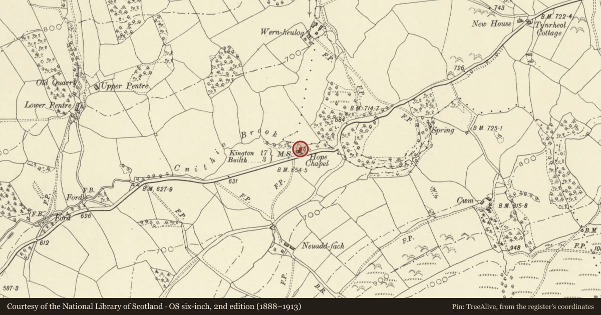Ordnance Survey six-inch map, 2nd edition (1888–1913) covering the location of Hope Chapel, attached house and vestry, Llanelwedd, Powys, with a pin at the register's coordinates