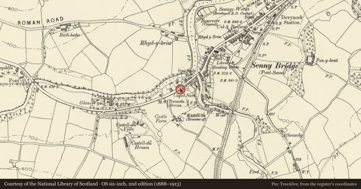 Ordnance Survey six-inch map, 2nd edition (1888–1913) covering the location of Sion Baptist Chapel, Maescar, Powys, with a pin at the register's coordinates