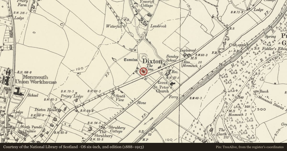 Ordnance Survey six-inch map, 2nd edition (1888–1913) covering the location of The Elms, Monmouth, Monmouthshire, with a pin at the register's coordinates