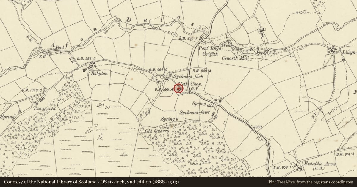 Ordnance Survey six-inch map, 2nd edition (1888–1913) covering the location of Sychnant Presbyterian Church and vestry, St. Harmon, Powys, with a pin at the register's coordinates