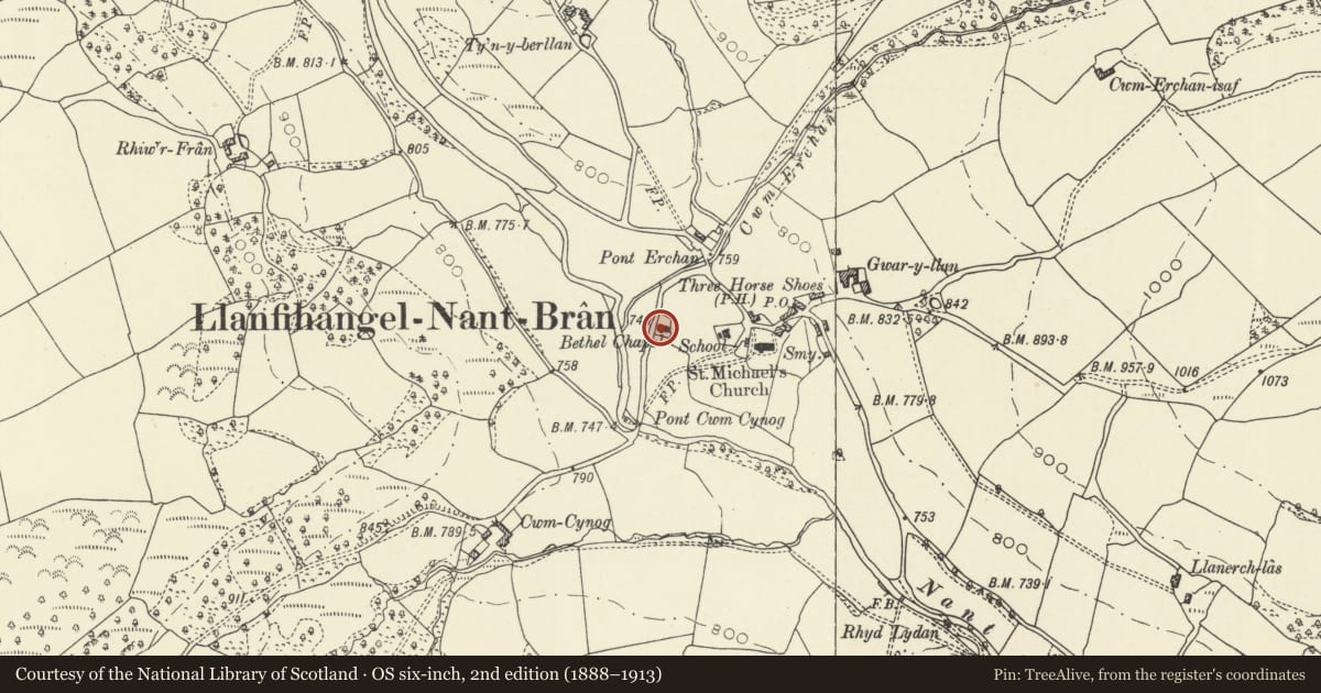 Ordnance Survey six-inch map, 2nd edition (1888–1913) covering the location of Bethel Calvinistic Methodist Chapel, Trallong, Powys, with a pin at the register's coordinates