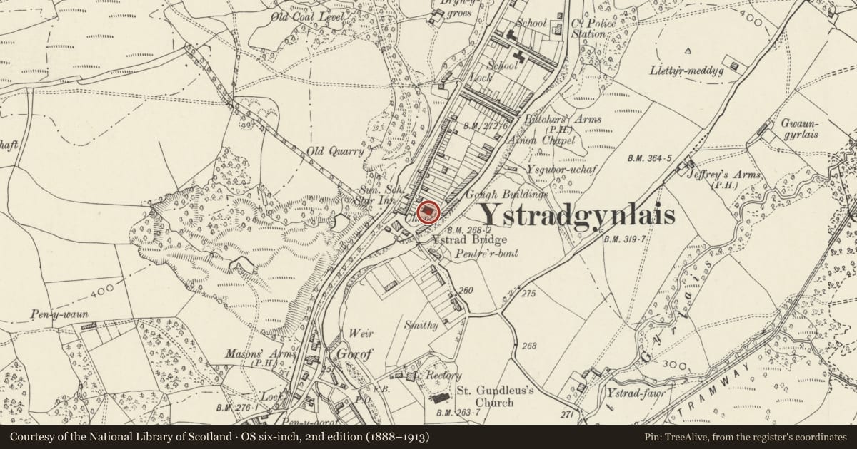 Ordnance Survey six-inch map, 2nd edition (1888–1913) covering the location of Sardis Independent Chapel and attached schoolroom, Ystradgynlais, Powys, with a pin at the register's coordinates
