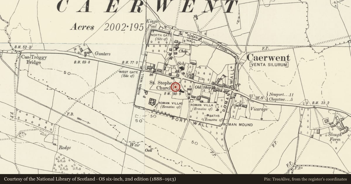 Ordnance Survey six-inch map, 2nd edition (1888–1913) covering the location of Railed enclosure in churchyard of the Church of St Stephen and St Tathan, Caerwent, Monmouthshire, with a pin at the register's coordinates