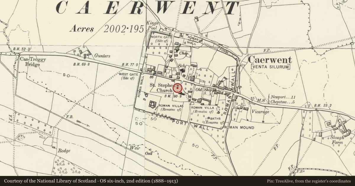 Ordnance Survey six-inch map, 2nd edition (1888–1913) covering the location of Philpot tomb in the churchyard of the Church of St Stephen and St Tathan, Caerwent, Monmouthshire, with a pin at the register's coordinates