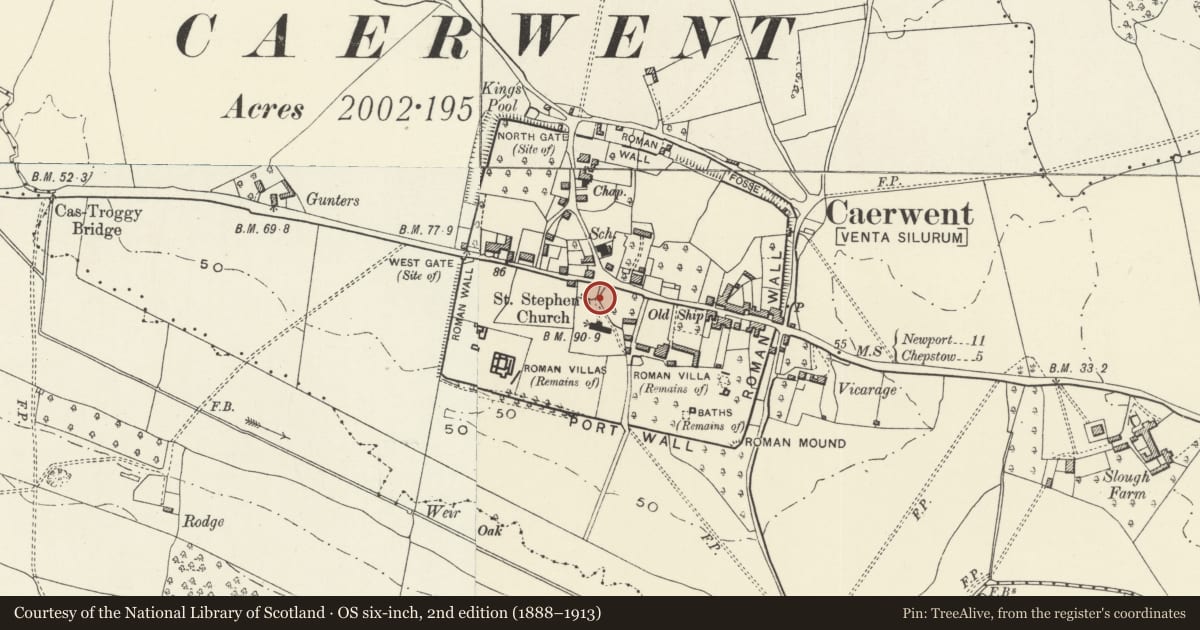 Ordnance Survey six-inch map, 2nd edition (1888–1913) covering the location of Walker Memorial Lychgate at the Church of St Stephen and St Tathan, Caerwent, Monmouthshire, with a pin at the register's coordinates