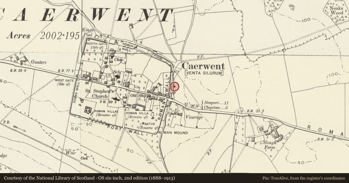 Ordnance Survey six-inch map, 2nd edition (1888–1913) covering the location of Burton Homes, Caerwent, Monmouthshire, with a pin at the register's coordinates