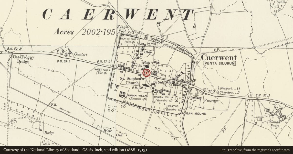 Ordnance Survey six-inch map, 2nd edition (1888–1913) covering the location of War Memorial, Caerwent, Monmouthshire, with a pin at the register's coordinates