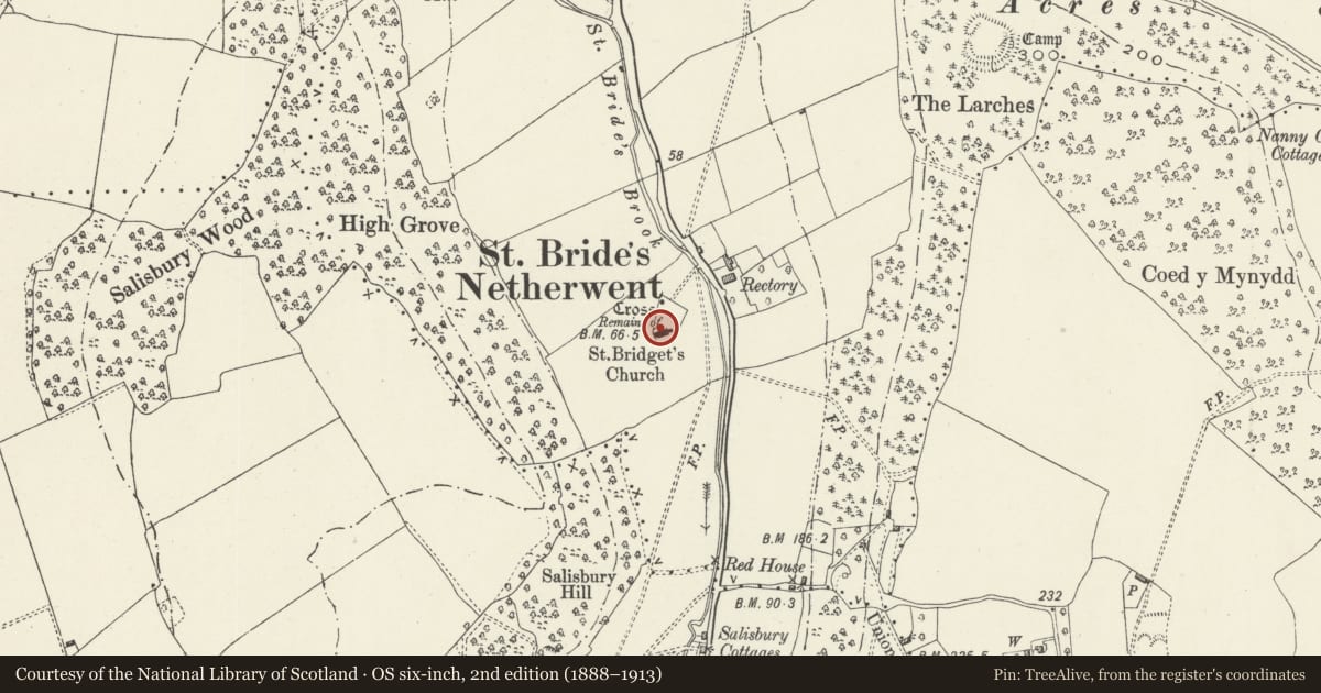 Ordnance Survey six-inch map, 2nd edition (1888–1913) covering the location of Church of St Bridget, Caerwent, Monmouthshire, with a pin at the register's coordinates