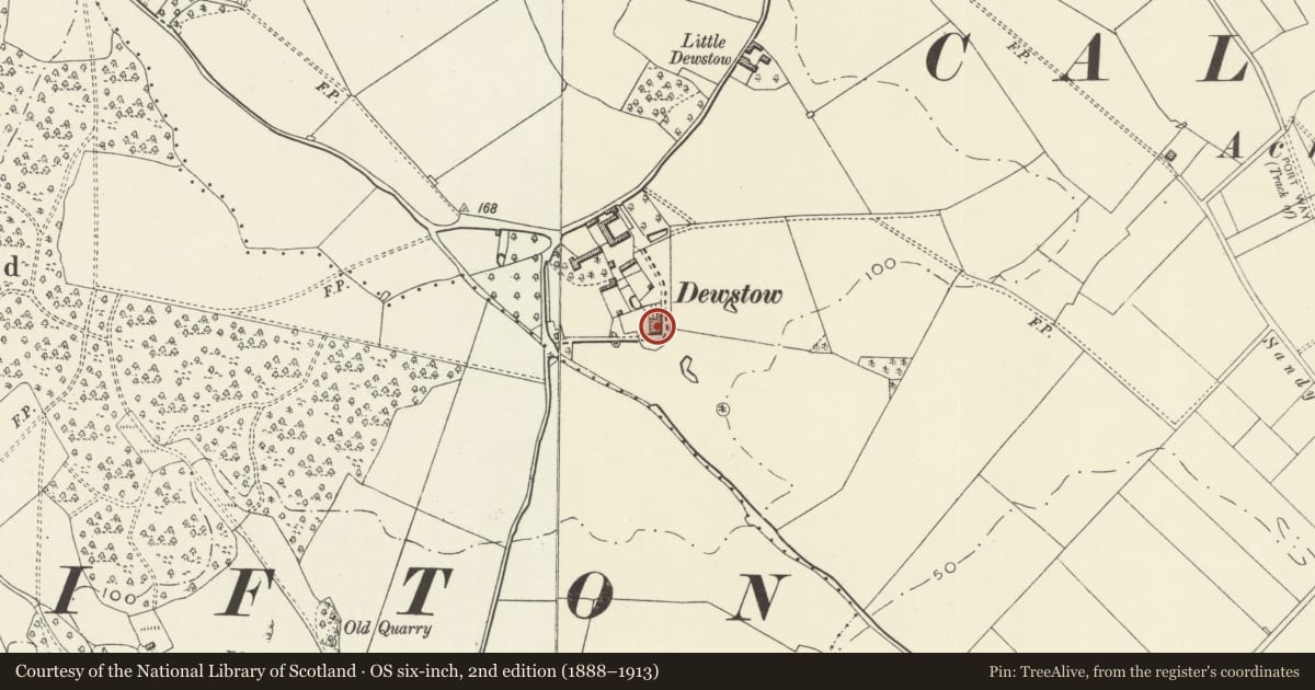 Ordnance Survey six-inch map, 2nd edition (1888–1913) covering the location of Dewstow House, Caerwent, Monmouthshire, with a pin at the register's coordinates