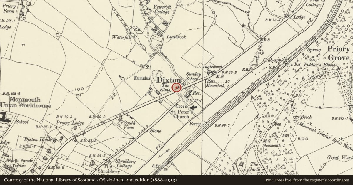 Ordnance Survey six-inch map, 2nd edition (1888–1913) covering the location of The Old Pike House, Monmouth, Monmouthshire, with a pin at the register's coordinates