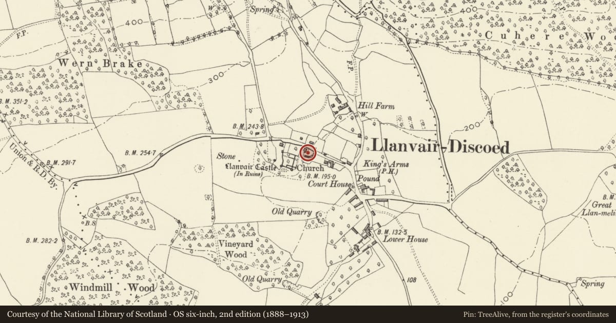 Ordnance Survey six-inch map, 2nd edition (1888–1913) covering the location of Church of St Mary, Caerwent, Monmouthshire, with a pin at the register's coordinates