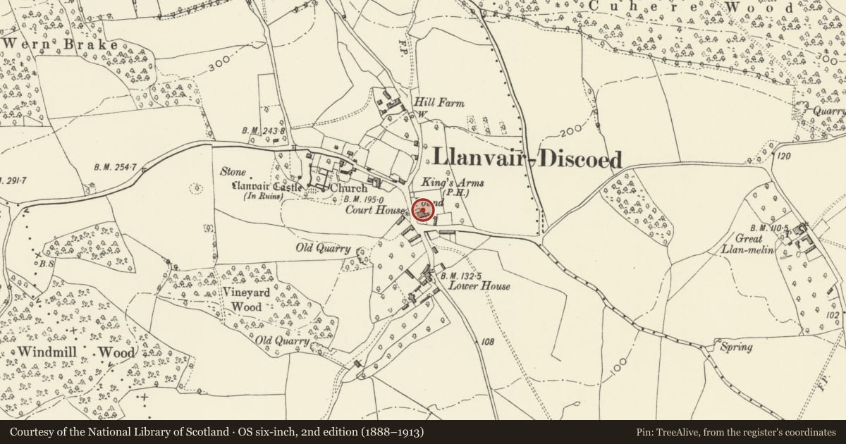 Ordnance Survey six-inch map, 2nd edition (1888–1913) covering the location of The Court House, Caerwent, Monmouthshire, with a pin at the register's coordinates