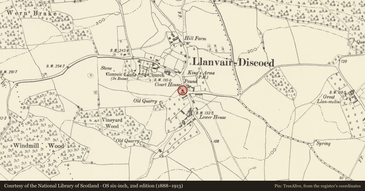Ordnance Survey six-inch map, 2nd edition (1888–1913) covering the location of Barn at Llanvair Farm, Caerwent, Monmouthshire, with a pin at the register's coordinates