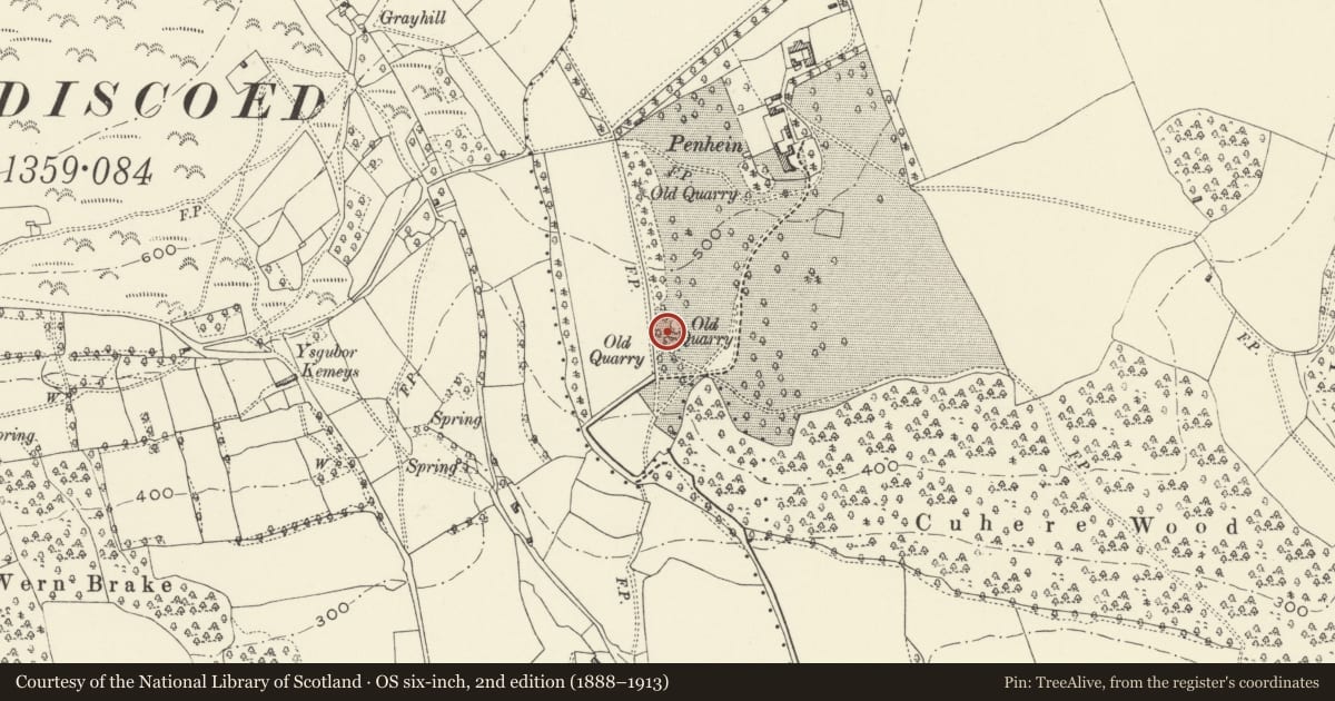 Ordnance Survey six-inch map, 2nd edition (1888–1913) covering the location of Double lime-kiln at Penhein, Caerwent, Monmouthshire, with a pin at the register's coordinates