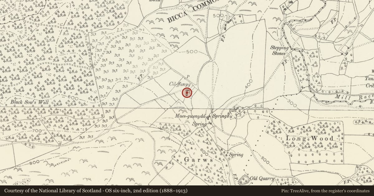 Ordnance Survey six-inch map, 2nd edition (1888–1913) covering the location of Cil-voynog Farmhouse and attached barn, Caerwent, Monmouthshire, with a pin at the register's coordinates